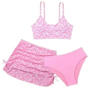 Girls Swimsuits 2025 3 Piece Bathing Suit Set Floral Bikini Swimwear with Cover Ups Beach Skirt Pink for 7-8 Years